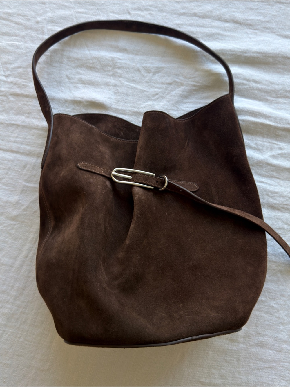 Liffner Belter Bucket Bag Large Brown Suede Shoulder Bag with Buckle Accent